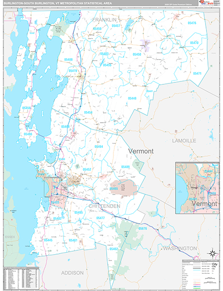 Burlington-South Burlington Metro Area Wall Map Premium Style